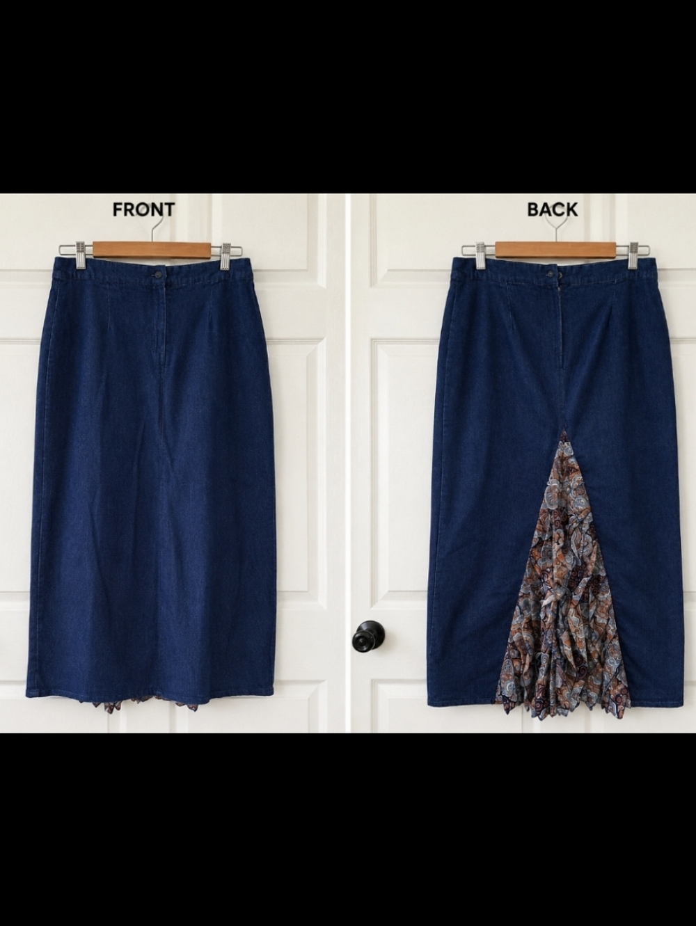 The Pyramid Collection Ruffles Paisley Modest Stretch Boho Denim Maxi Skirt